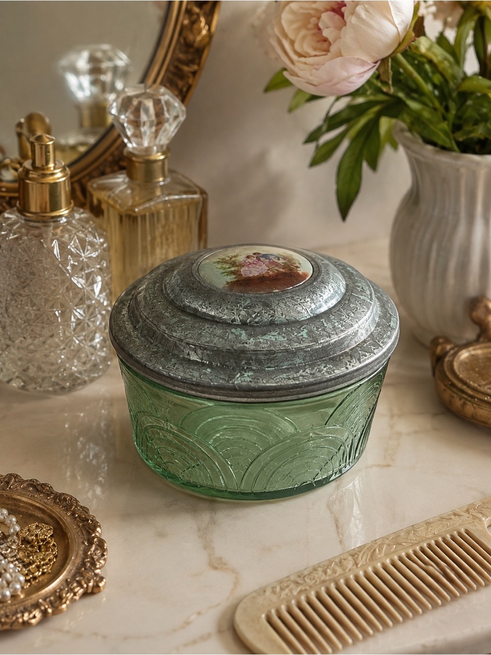 Vintage Green Depression Glass Powder Jar w/ Tin Lid & Romantic Portrait Vanity